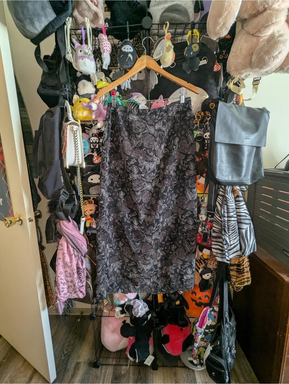Vintage Black Rose Floral Midi Skirt